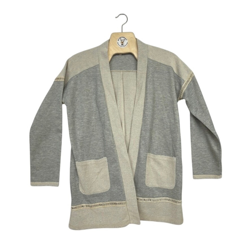 Mystree Colorblock Knit Open Front Cardigan Gray Beige Women's L Pockets‎